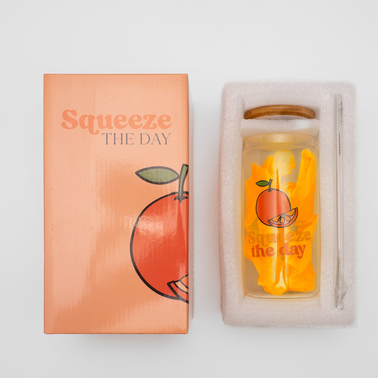 Squeeze the Day Glass Tumbler Gift Set – 16oz Cup with Lid, Straw, and Accessories