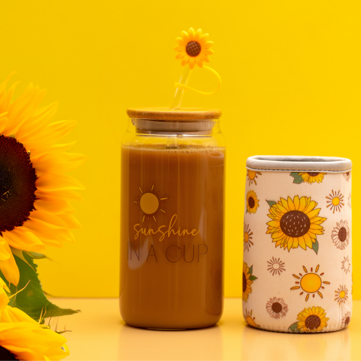 Sunflower Glass Tumbler Gift Set – Stylish 16oz Cup with Lid, Straw, and Accessories