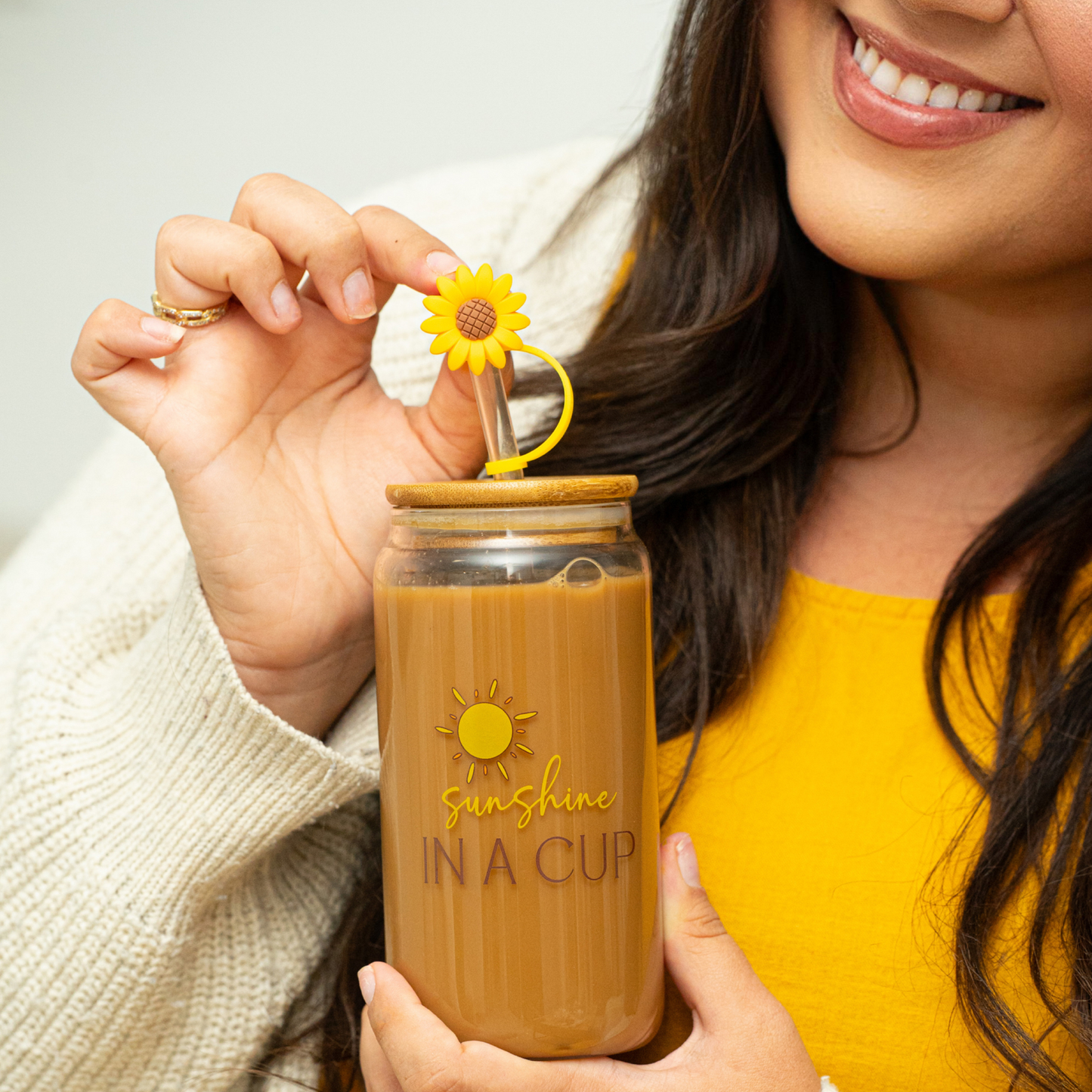 Sunflower Glass Tumbler Gift Set – Stylish 16oz Cup with Lid, Straw, and Accessories