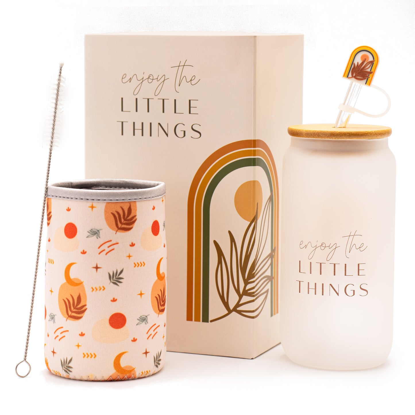 Boho Gifts for Women - Cute Design Glass Cup with Lid and Straw, Customized Stopper and Insulated Koozie for Iced Coffee and Smoothies. Giftable Unique Tumbler Cups for Women