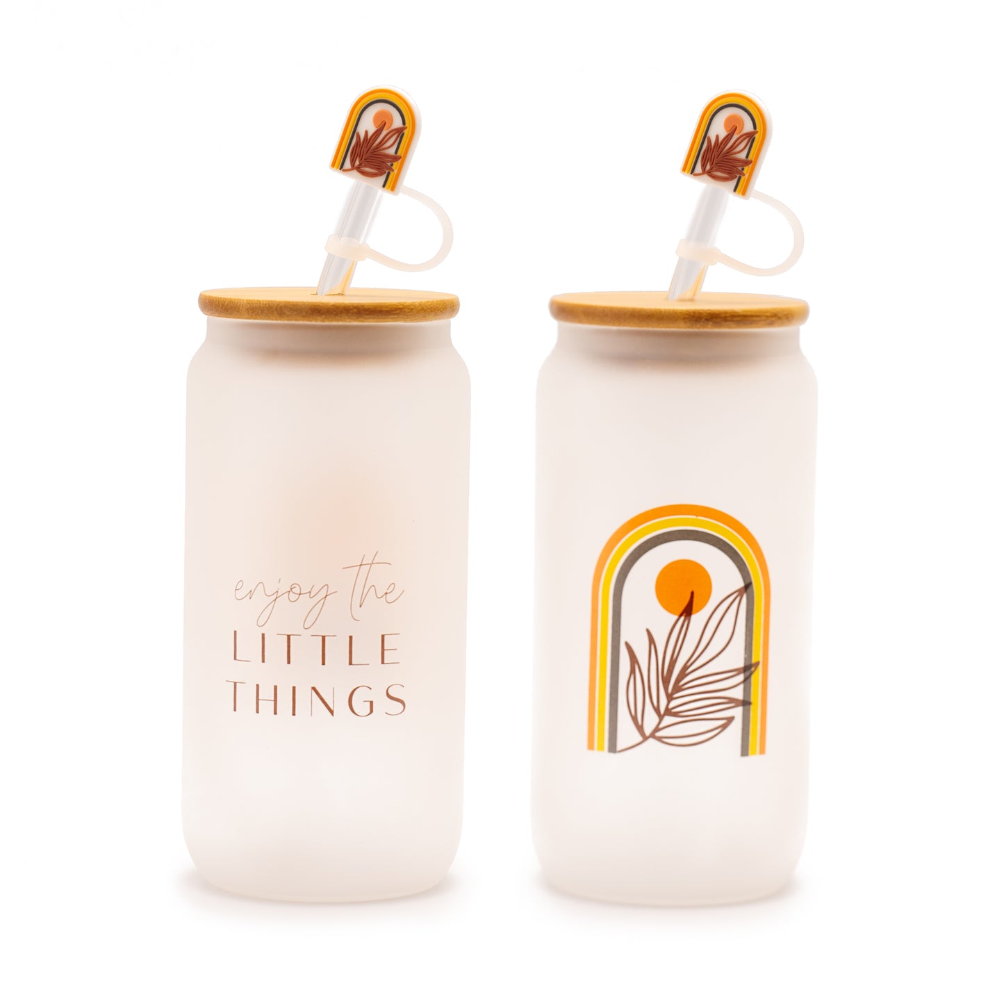 Boho Gifts for Women - Cute Design Glass Cup with Lid and Straw, Customized Stopper and Insulated Koozie for Iced Coffee and Smoothies. Giftable Unique Tumbler Cups for Women