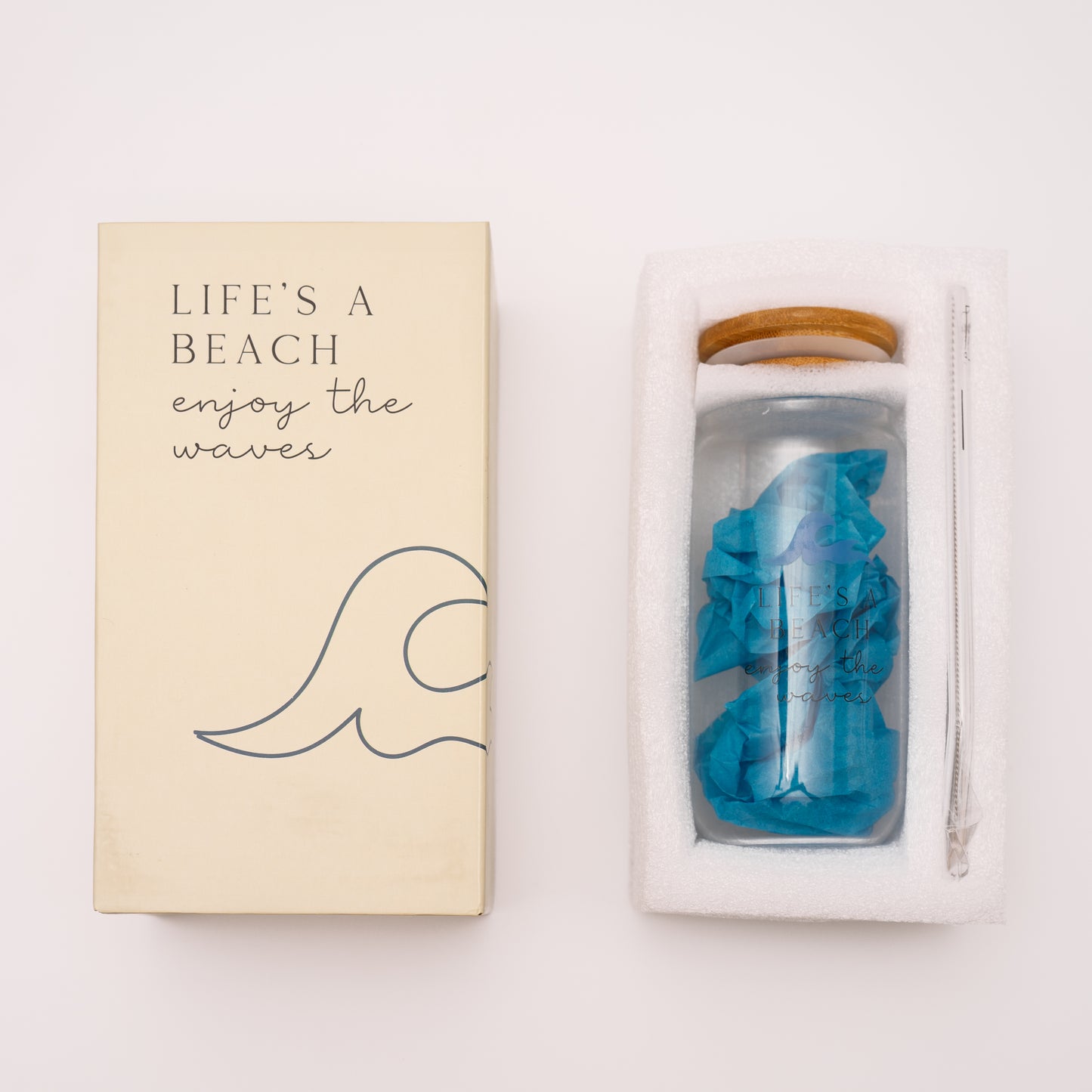 Ocean Gifts for Women - Cute Glass Cup with Lid and Straw, Customized Stopper and Soda Sleeve. Unique Themed Tumbler Drinking Cup with Bamboo Lid. Pretty Sea Theme Gifts for Women