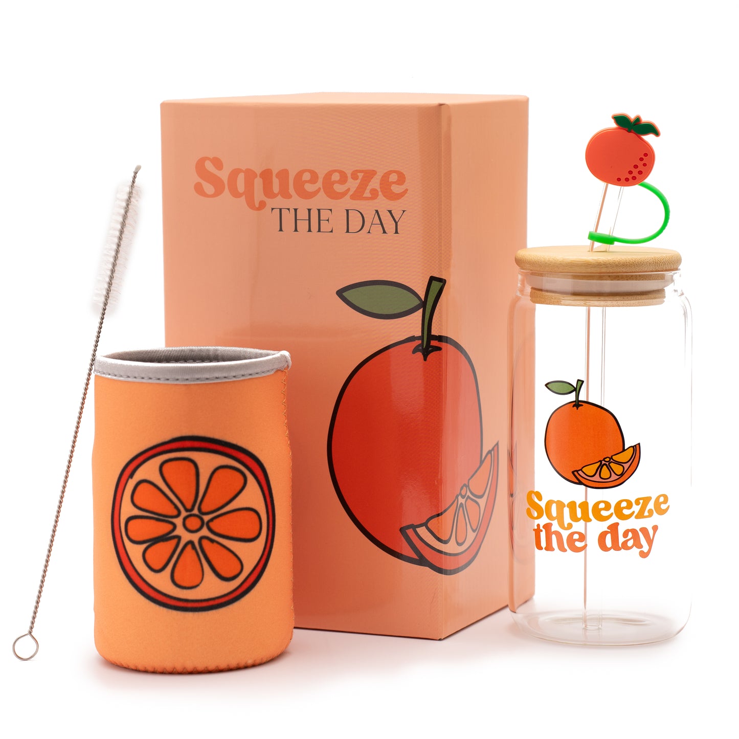 Orange Gifts for Women - Glass Tumbler with Lid and Straw, Customized Straw Stopper and Koozie Holder with Cute Unique Design. Coffee or Smoothie Gift Cup for Mom, Teacher, Friend