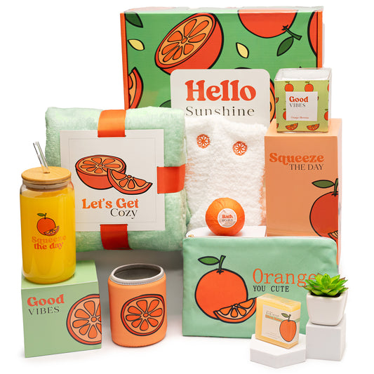 The Love Crate Co Mother’s Day Gift Baskets for Women. Orange Hello Sunshine Gift Box for Women. New Mom Gift Basket, Birthday Box for Woman, Get Well Soon Gift Basket, Spa Baskets for Women Gift