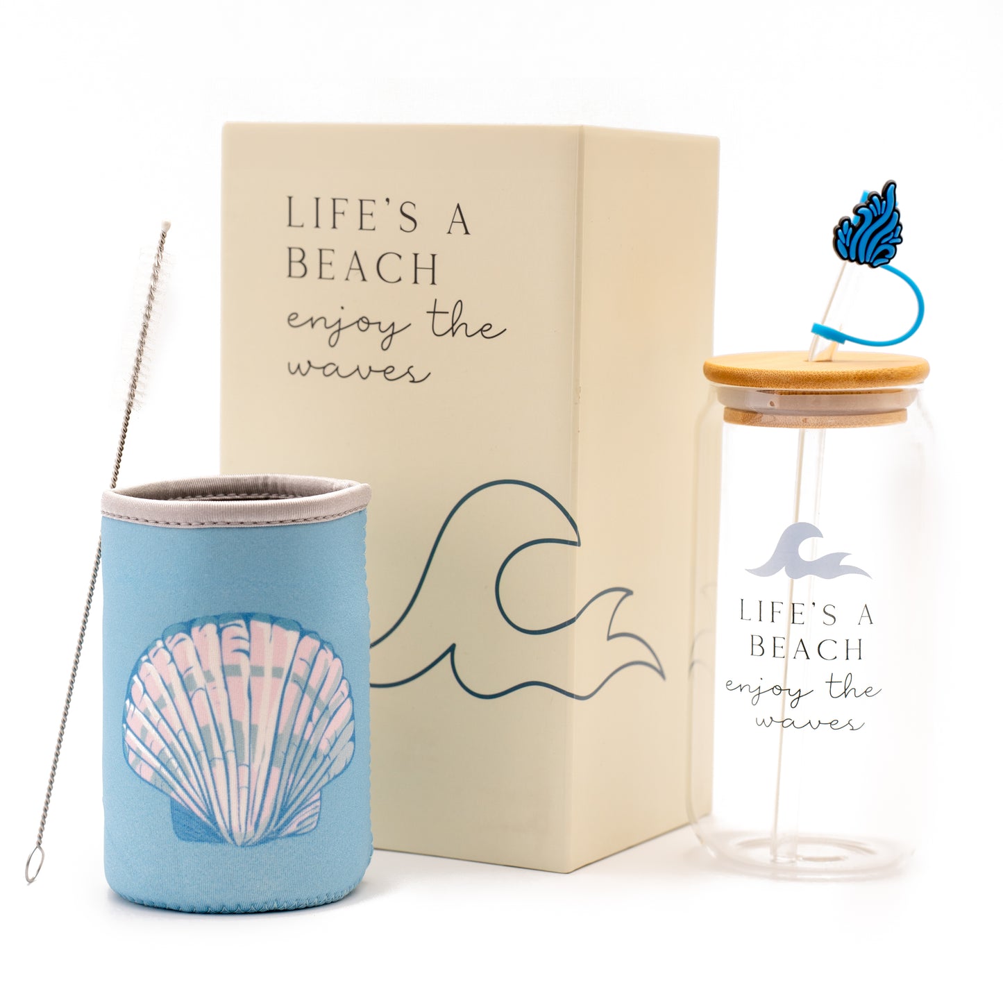 Ocean Gifts for Women - Cute Glass Cup with Lid and Straw, Customized Stopper and Soda Sleeve. Unique Themed Tumbler Drinking Cup with Bamboo Lid. Pretty Sea Theme Gifts for Women