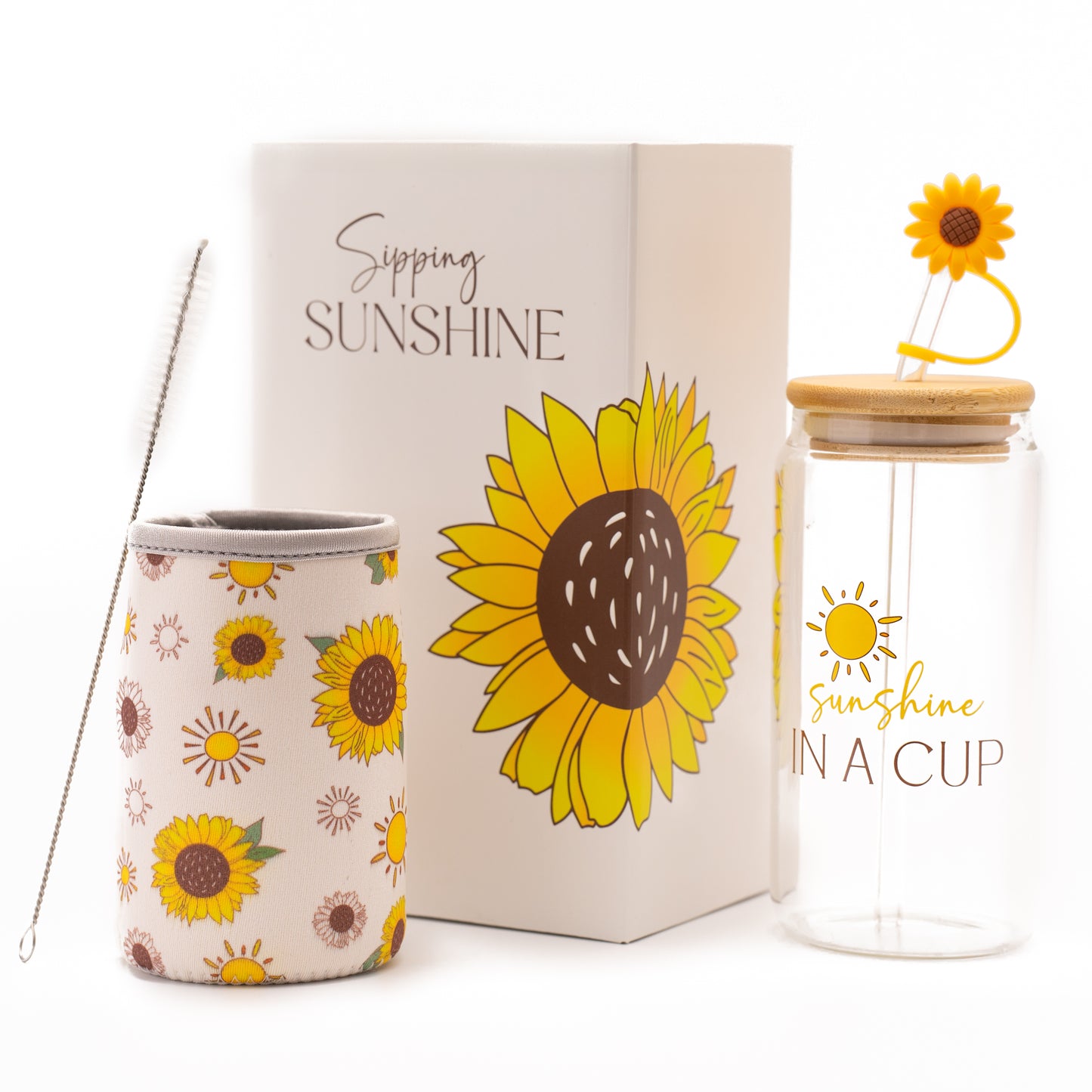 Sunflower Gifts for Women - Glass Tumbler with Lid and Straw, Customized Straw Stopper and Koozie Holder. Aesthetic Unique Design Iced Coffee Gift Cup for Mom, Teacher, Friend