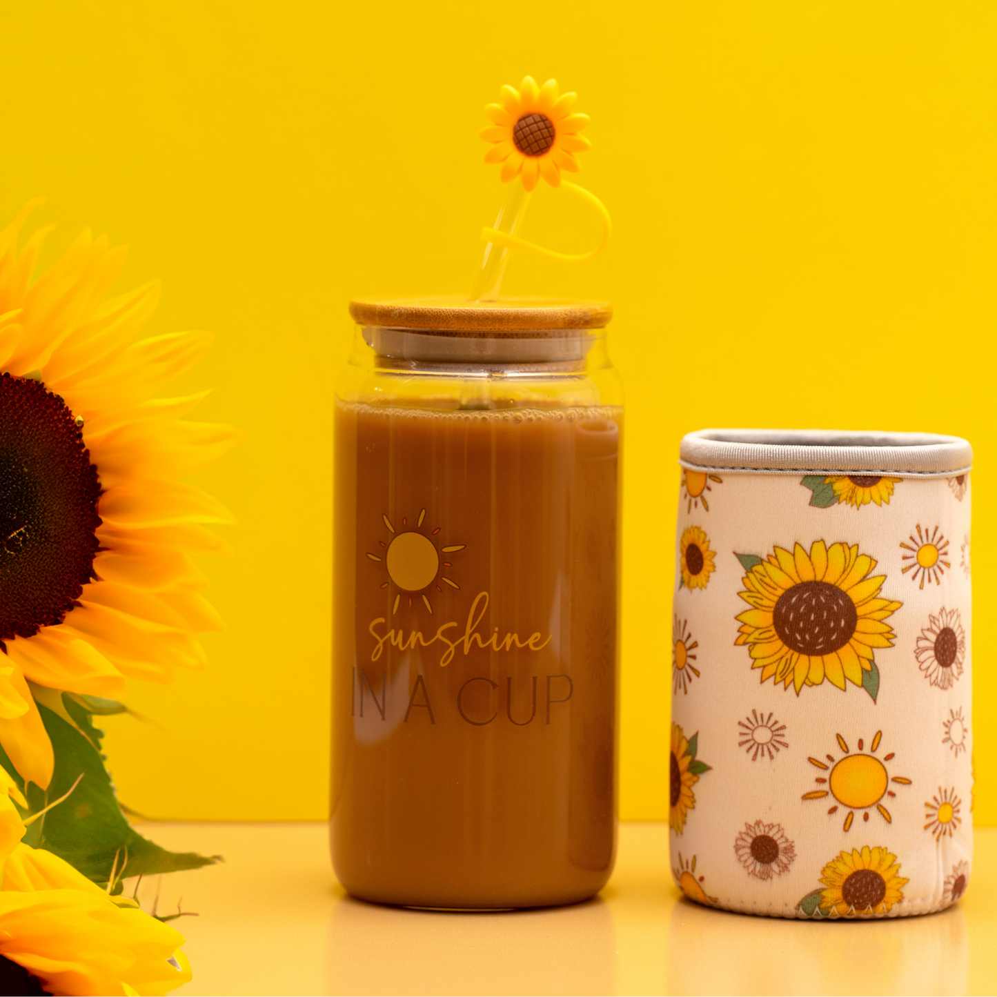 Sunflower Gifts for Women - Glass Tumbler with Lid and Straw, Customized Straw Stopper and Koozie Holder. Aesthetic Unique Design Iced Coffee Gift Cup for Mom, Teacher, Friend