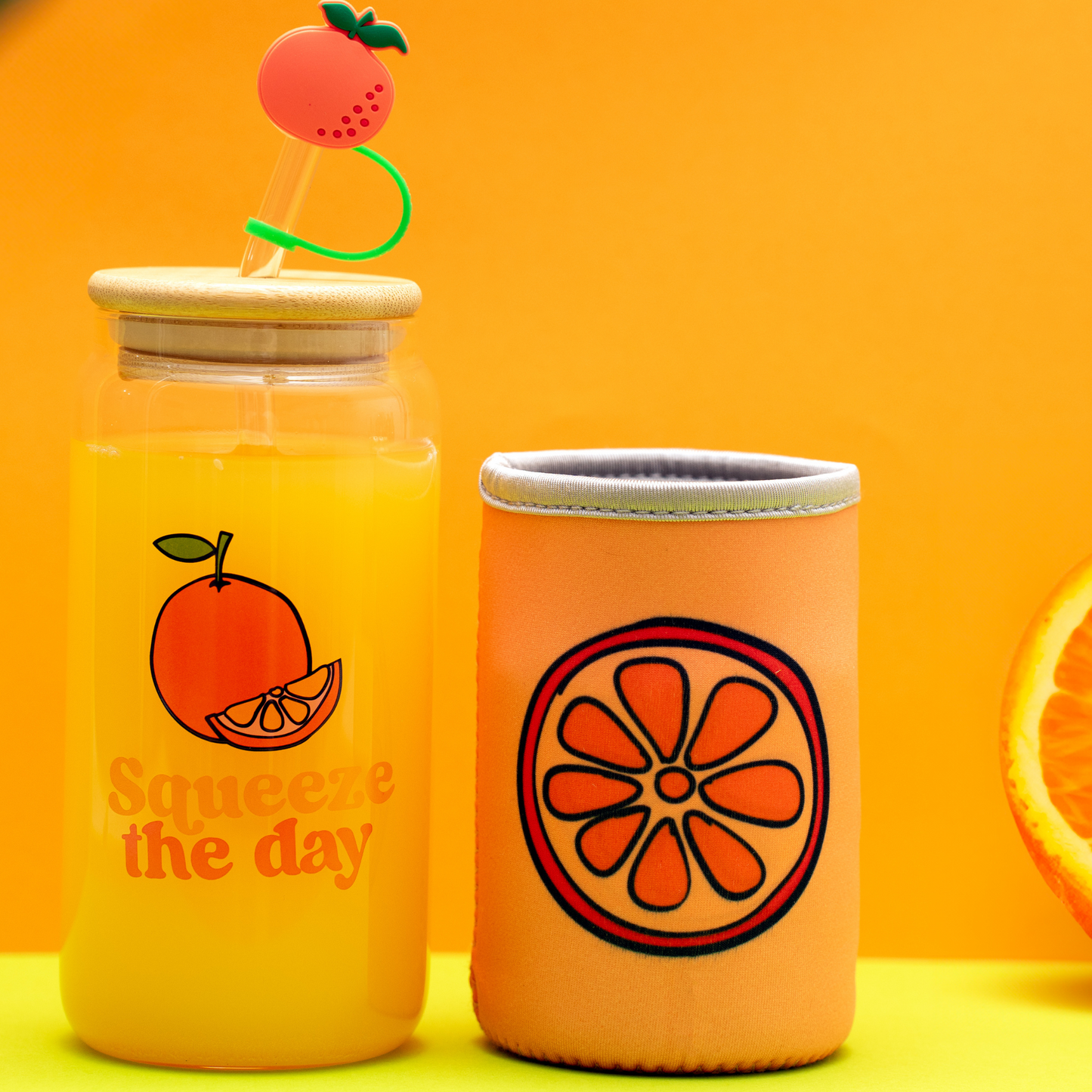 Orange Gifts for Women - Glass Tumbler with Lid and Straw, Customized Straw Stopper and Koozie Holder with Cute Unique Design. Coffee or Smoothie Gift Cup for Mom, Teacher, Friend