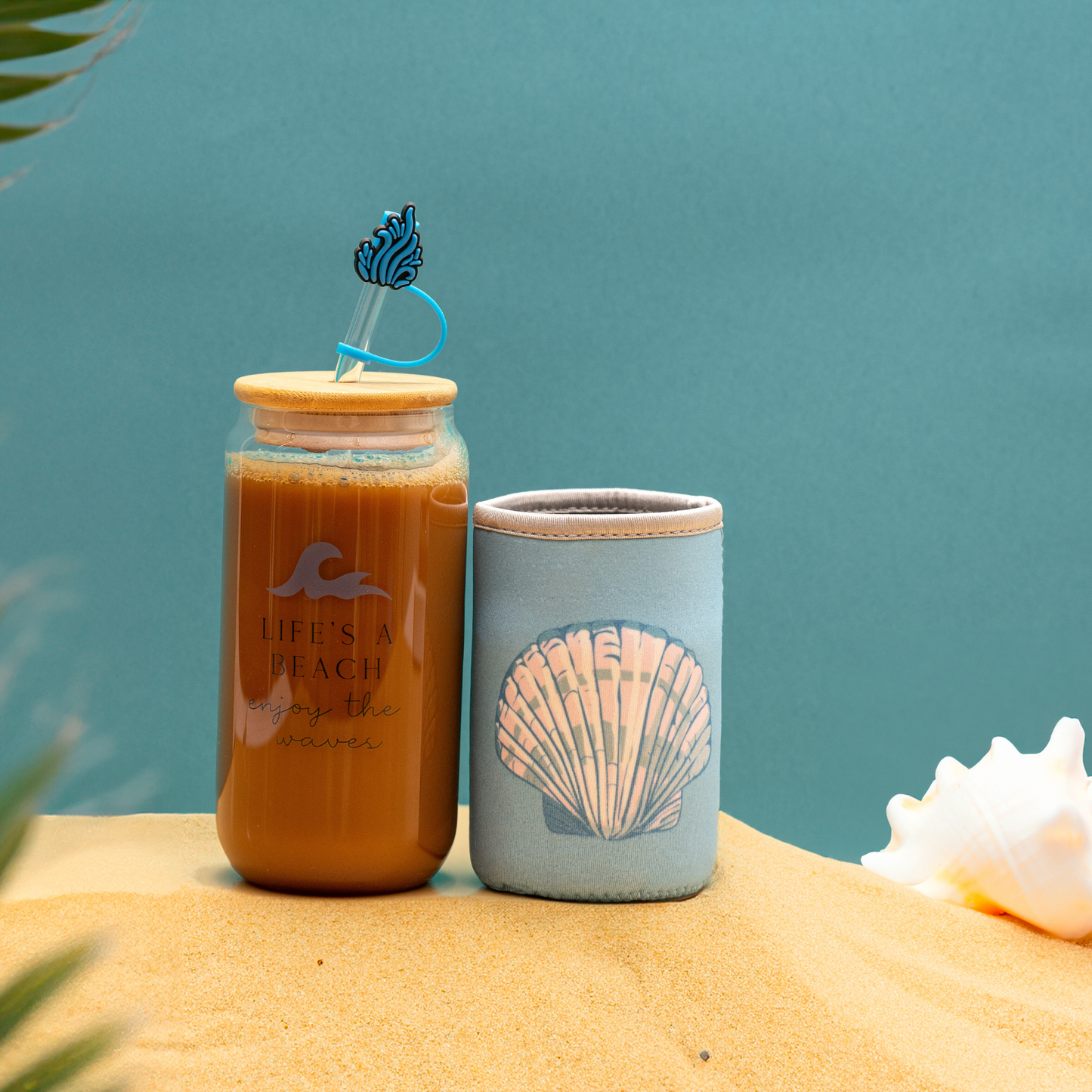 Ocean Gifts for Women - Cute Glass Cup with Lid and Straw, Customized Stopper and Soda Sleeve. Unique Themed Tumbler Drinking Cup with Bamboo Lid. Pretty Sea Theme Gifts for Women