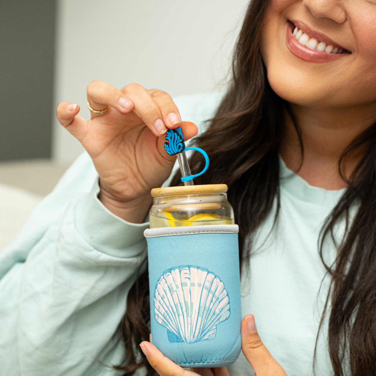 Ocean Gifts for Women - Cute Glass Cup with Lid and Straw, Customized Stopper and Soda Sleeve. Unique Themed Tumbler Drinking Cup with Bamboo Lid. Pretty Sea Theme Gifts for Women