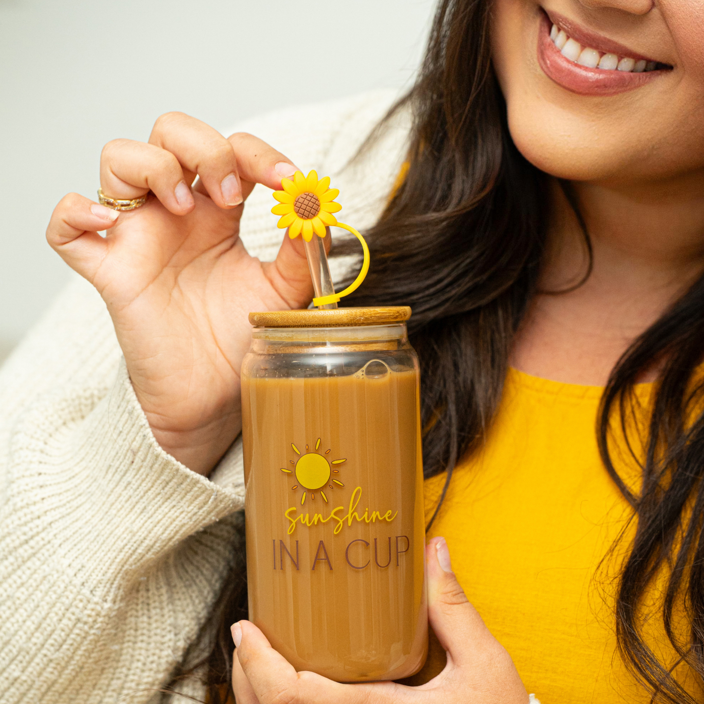 Sunflower Gifts for Women - Glass Tumbler with Lid and Straw, Customized Straw Stopper and Koozie Holder. Aesthetic Unique Design Iced Coffee Gift Cup for Mom, Teacher, Friend