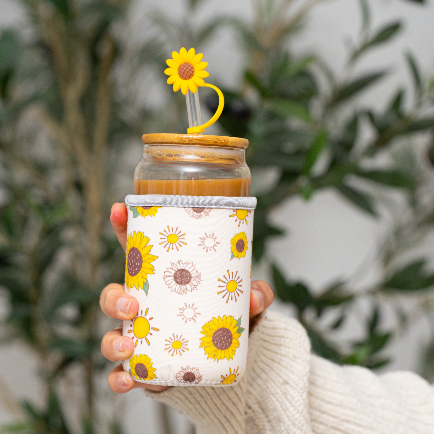 Sunflower Gifts for Women - Glass Tumbler with Lid and Straw, Customized Straw Stopper and Koozie Holder. Aesthetic Unique Design Iced Coffee Gift Cup for Mom, Teacher, Friend