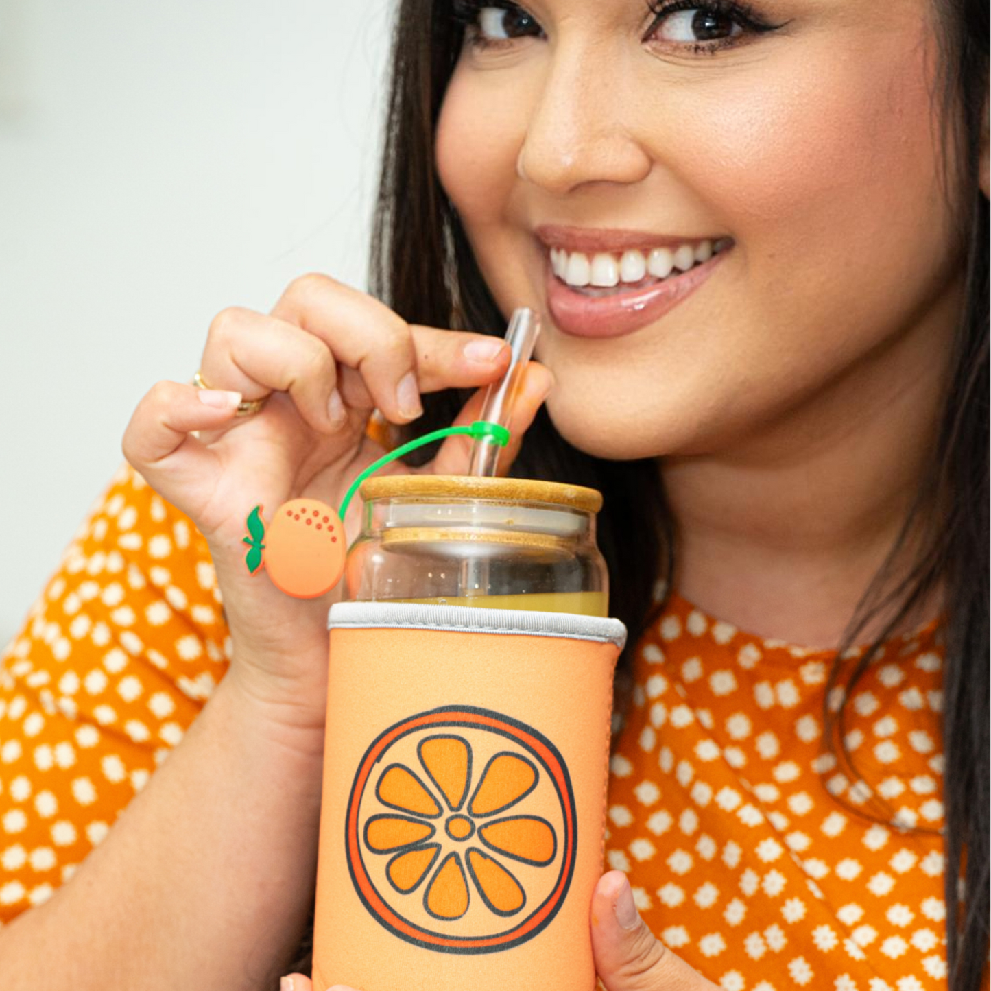 Orange Gifts for Women - Glass Tumbler with Lid and Straw, Customized Straw Stopper and Koozie Holder with Cute Unique Design. Coffee or Smoothie Gift Cup for Mom, Teacher, Friend