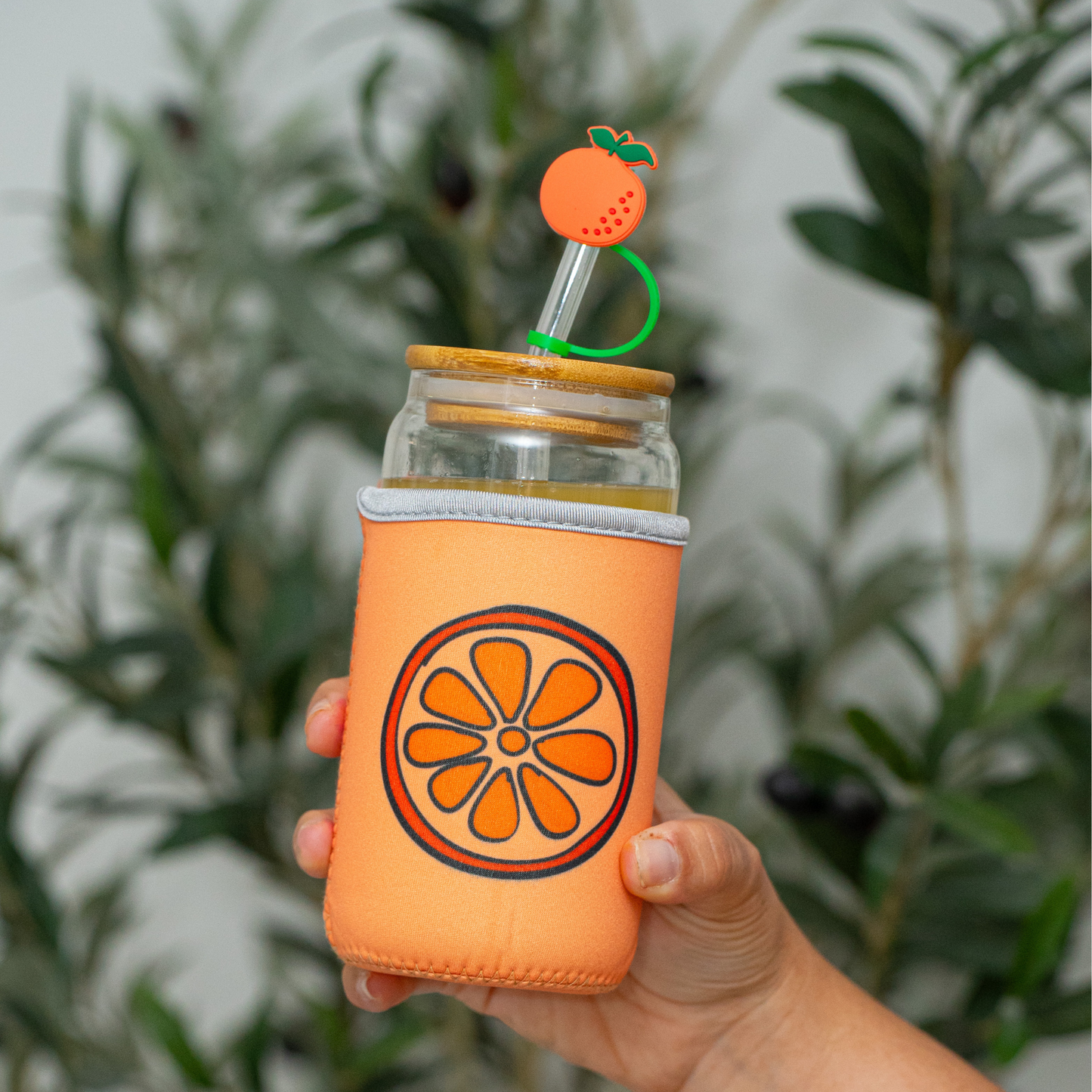 Orange Gifts for Women - Glass Tumbler with Lid and Straw, Customized Straw Stopper and Koozie Holder with Cute Unique Design. Coffee or Smoothie Gift Cup for Mom, Teacher, Friend