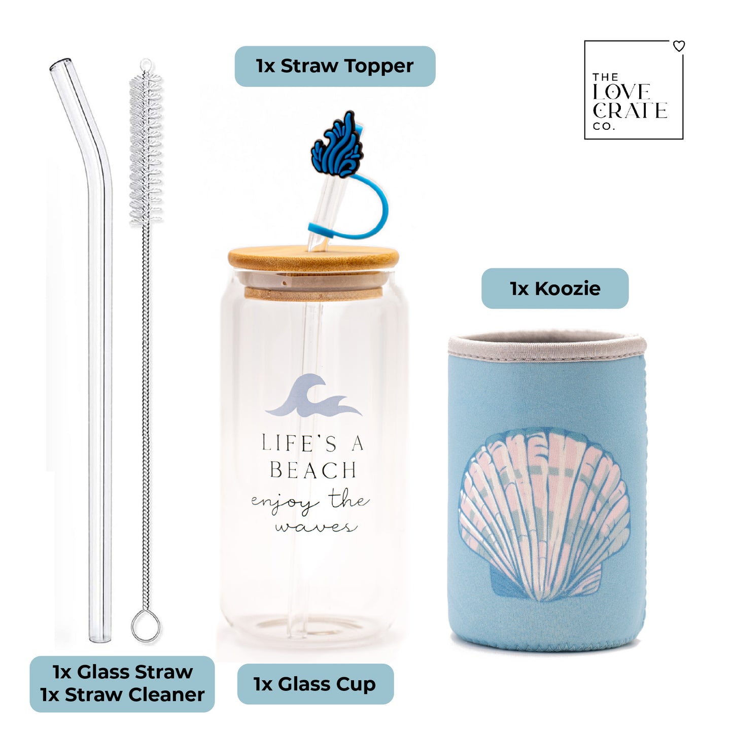 Ocean Gifts for Women - Cute Glass Cup with Lid and Straw, Customized Stopper and Soda Sleeve. Unique Themed Tumbler Drinking Cup with Bamboo Lid. Pretty Sea Theme Gifts for Women