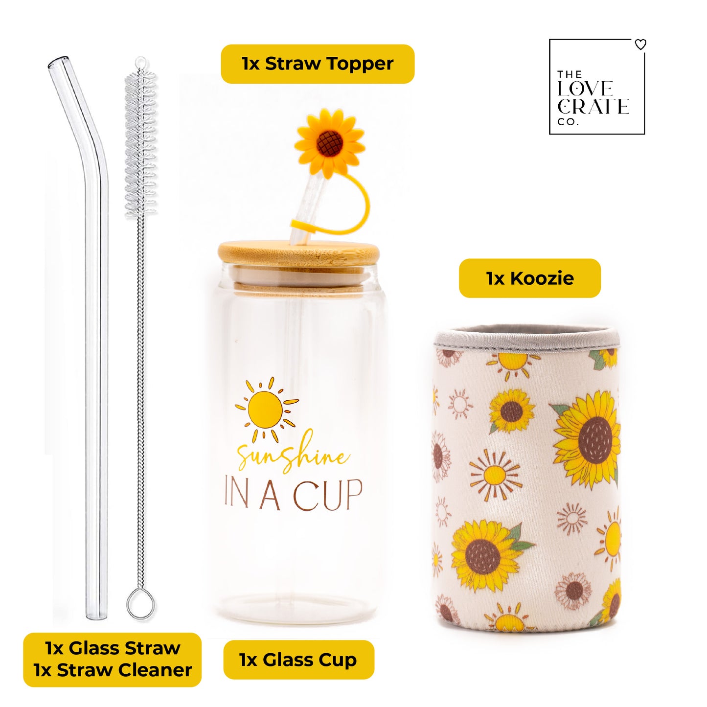 Sunflower Gifts for Women - Glass Tumbler with Lid and Straw, Customized Straw Stopper and Koozie Holder. Aesthetic Unique Design Iced Coffee Gift Cup for Mom, Teacher, Friend