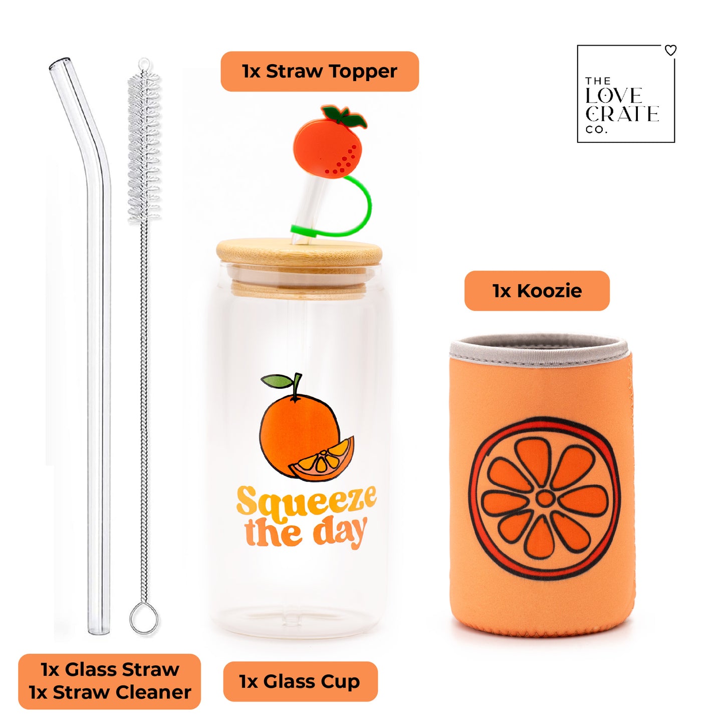 Orange Gifts for Women - Glass Tumbler with Lid and Straw, Customized Straw Stopper and Koozie Holder with Cute Unique Design. Coffee or Smoothie Gift Cup for Mom, Teacher, Friend