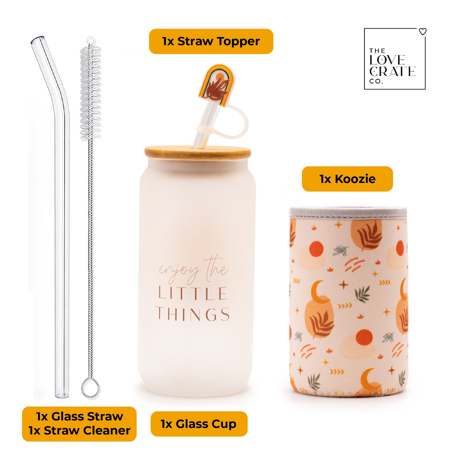 Boho Gifts for Women - Cute Design Glass Cup with Lid and Straw, Customized Stopper and Insulated Koozie for Iced Coffee and Smoothies. Giftable Unique Tumbler Cups for Women