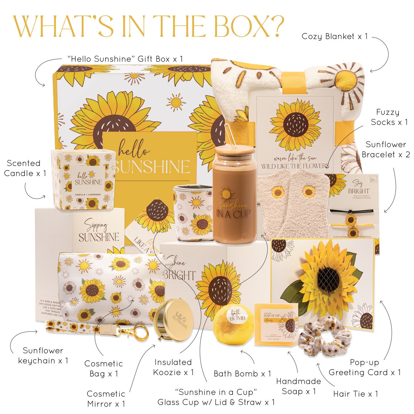 The Love Crate Co Sunflower Gifts for Women, 15pc Custom Gift Box for Women. Get Well Soon Gift Baskets for Women, You Are My Sunshine Gifts, Care Package For Women Thinking of You, Wellness Gifts.