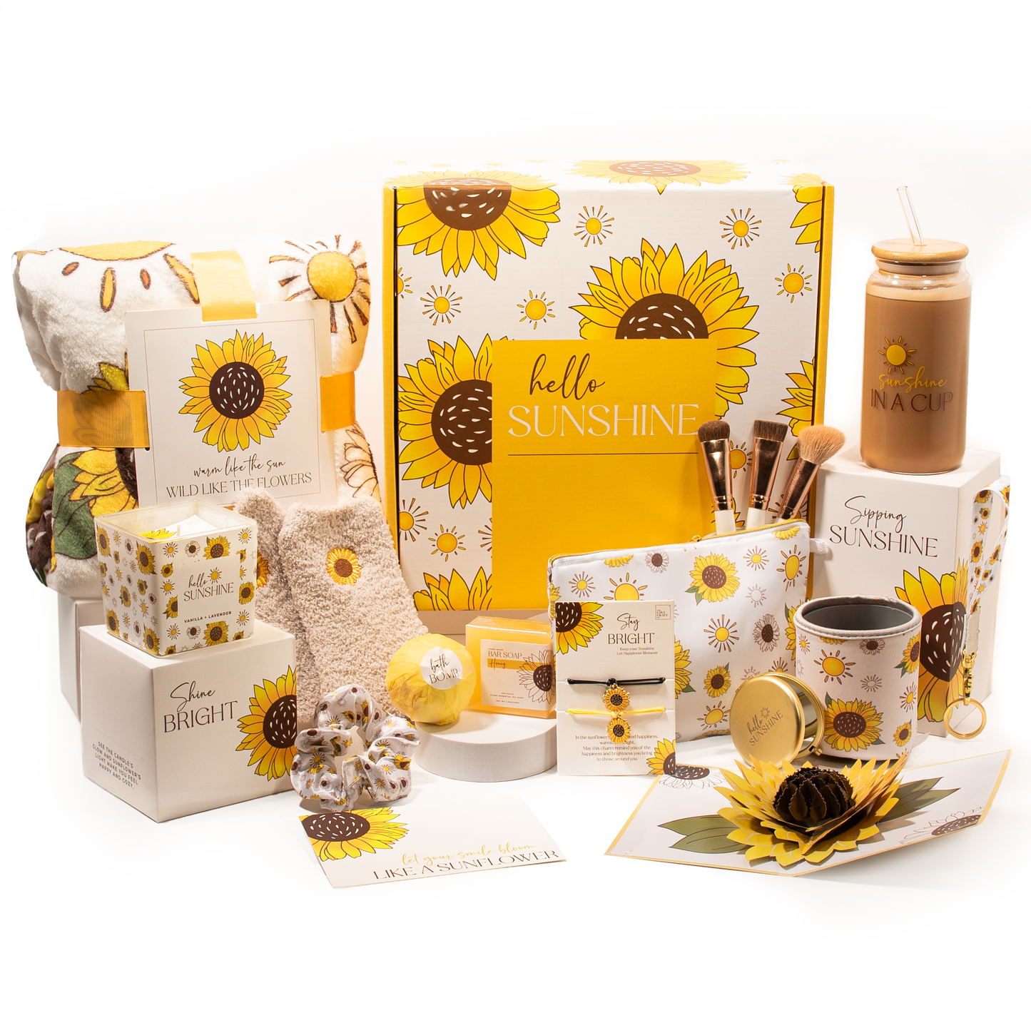 The Love Crate Co Sunflower Gifts for Women, 15pc Custom Gift Box for Women. Get Well Soon Gift Baskets for Women, You Are My Sunshine Gifts, Care Package For Women Thinking of You, Wellness Gifts.